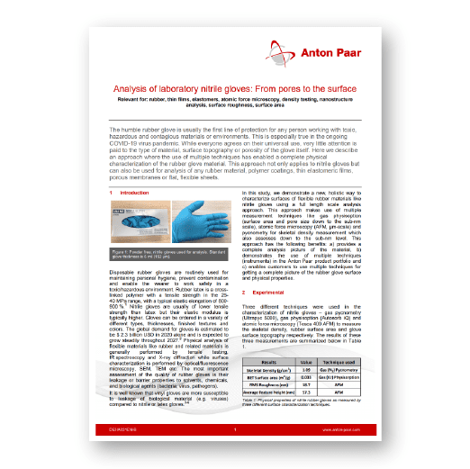 Material analysis of laboratory nitrile gloves by Covalent Metrology, including pore structure.