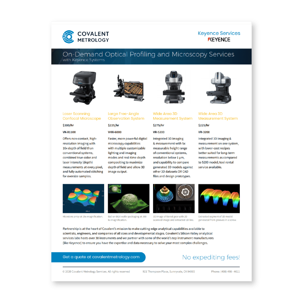 Overview of Keyence instruments used by Covalent Metrology for material characterization.