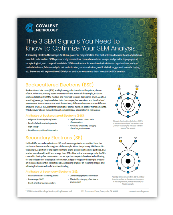 Guide to optimizing SEM analysis by understanding key SEM signals (Covalent Metrology).