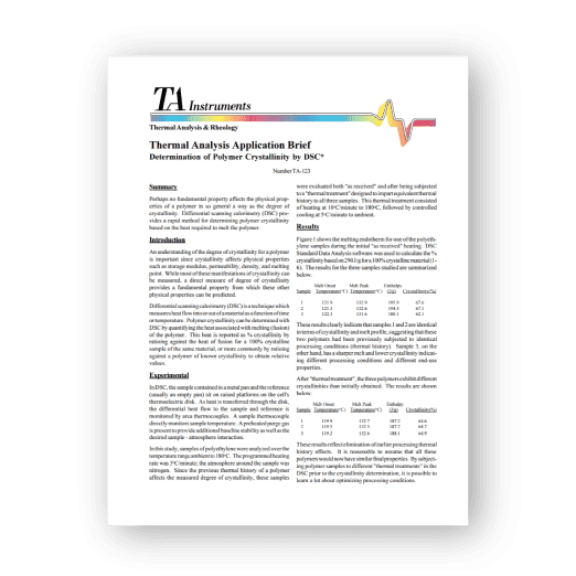 Application note: Determination of polymer crystallinity using TA Instruments thermal solutions.