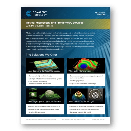 Optical microscopy and profilometry for surface characterization (Covalent Metrology).